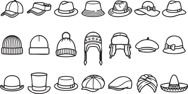 Set of various hats and caps icons