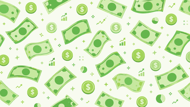 Green money pattern with banknotes, coins, and small finance symbols scattered across a pale background, money, banknotes, coins,