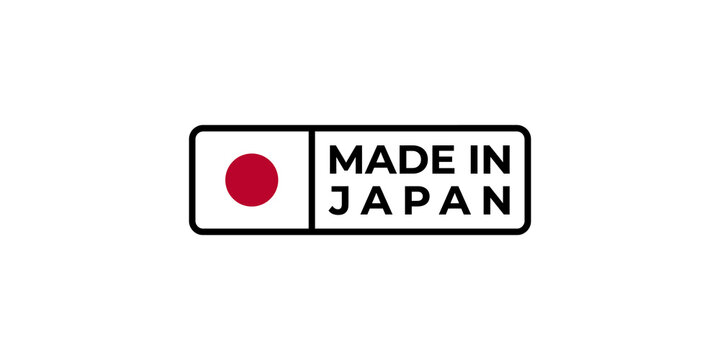Made in Japan label icon featuring national flag circle symbol and text for authentic high quality product identification isolated on transparent background vector.