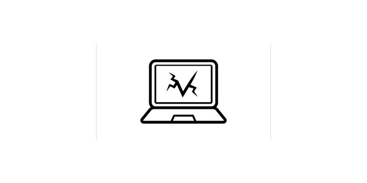 Broken computer laptop screen icon showing display hardware damage or crash failure sign isolated on transparent background for technical support service graphic.