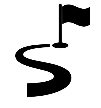 Minimalist graphic icon showing a winding path leading to a destination flag pole marker with destination