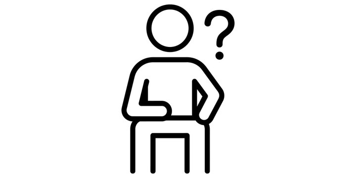 Confused character sitting on chair icon thin line illustration of person with question mark symbol thinking pose concept for communication and digital design.