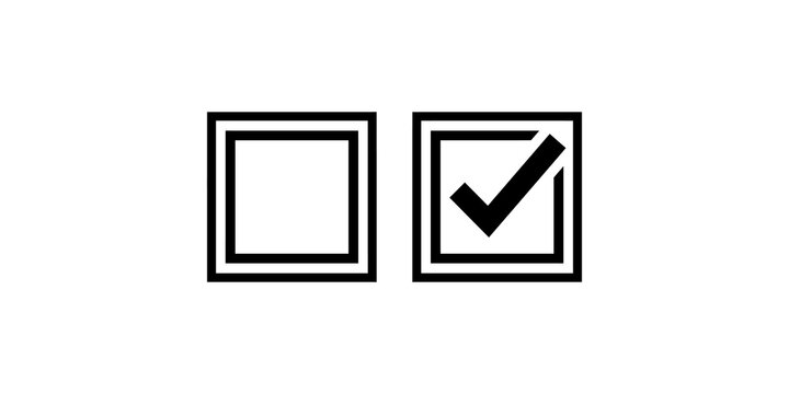 Double checkbox icons set representing empty square and checked box with tick mark symbol for survey forms and task lists completion status visualization.
