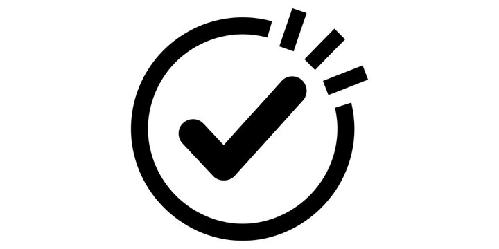 Check mark in a circle with rays vector black icon, transparent background, stock vector illustration. checkmark in round shape isolated on transparent background.