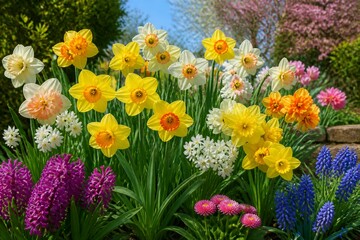 Obraz premium A variety of flowers are seen in a garden during springtime. Daffodils, hyacinths, and daisies create a bright scene under blue skies. The sun shines down on the vibrant plants.
