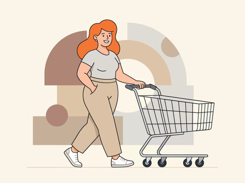 Illustration of a casual woman walking with an empty shopping cart, shopping
