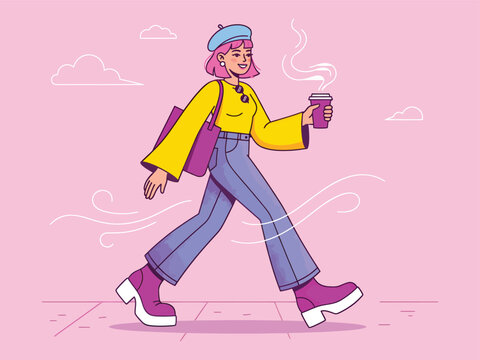 Stylish young woman walking outdoors with coffee and tote bag, lifestyle