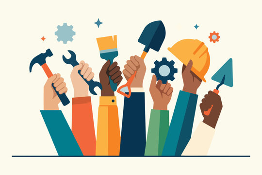 Diverse group of people holding up construction tools with construction