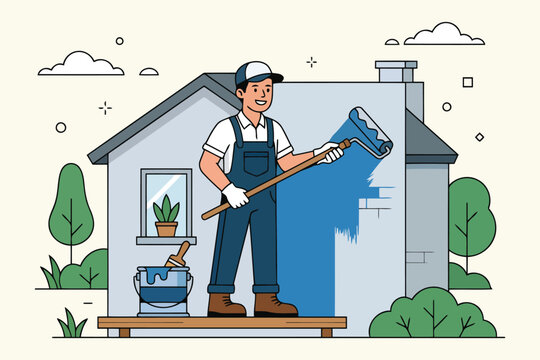 Professional painter painting house exterior wall blue with painting, exterior
