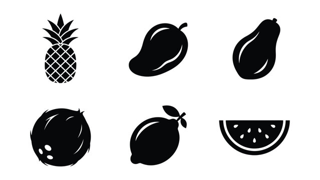Black and white flat style fruit icons set