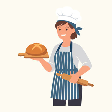 Smiling baker woman in apron holding fresh bread and rolling pin vector