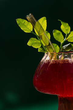 Blueberry lemonade mocktail with mint in glass, dark background