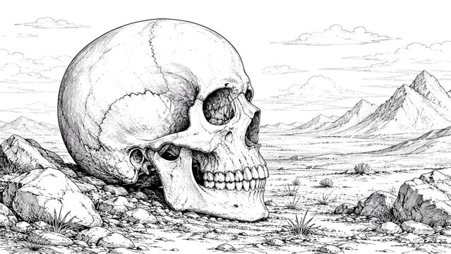 A detailed illustration of a human skull resting in a rocky desert landscape