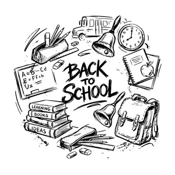 Hand-drawn black sketch illustration of back to school supplies featuring books, backpack, stationery, and educational accessories, symbolizing learning, education