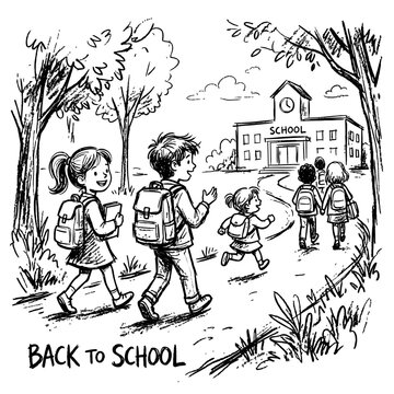 Hand-drawn black sketch illustration of children walking toward a school building, symbolizing the first day of school, the beginning of the school year, education, learning