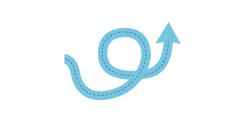 Fototapeta premium Blue swirling path arrow with dashed line showing direction.