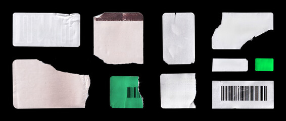 Fototapeta na wymiar Set of blank paper labels, torn barcode stickers, and price tags with a crumpled effect and peeled edges isolated on black background. High-quality realistic paper mockup textures. Photo scan