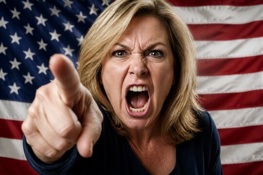 A woman stands in front of an American flag. She is shouting with an angry expression and pointing her finger. The setting appears to be a home or indoor area.