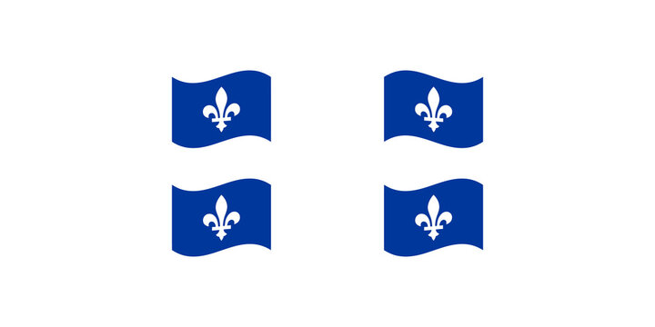 Set of four blue waving Quebec flags with white lily symbol.