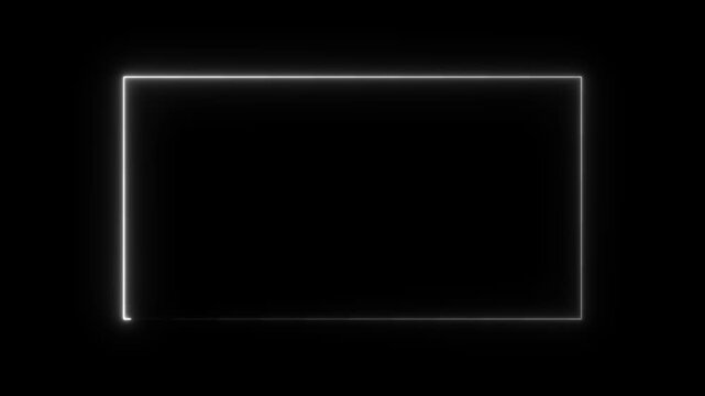 A bright white glowing rectangular frame with a clean neon light effect isolated on a solid black background for digital and overlays