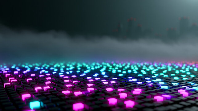 Digital Data Network Grid Glowing Neon Lights