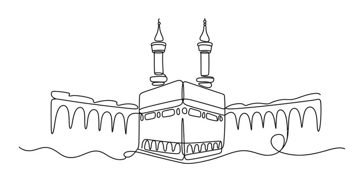 Continuous single line drawing of the kaaba in mecca with minarets and arches as a symbol of islamic religion and pilgrimage for hajj or umrah Vector, illustration