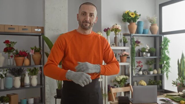 Man florist in orange sweater with arms crossed holding gloves inside a building; floral craft confidence.