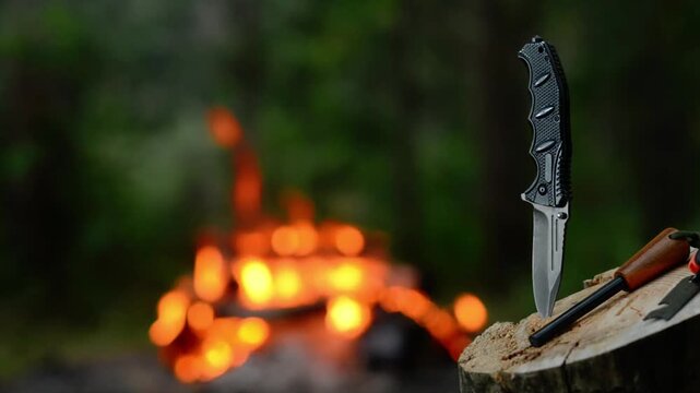 Tactical survival knife and ferro rod fire starter set placed on wooden log with warm campfire bokeh at forest campsite with natural ambient audio soundscape for bushcraft. 