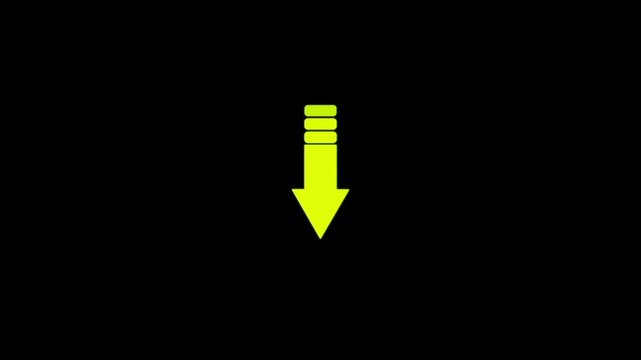 Bright yellow arrow pointing downwards with three horizontal bars at the isolated on a black background for digital interface navigation