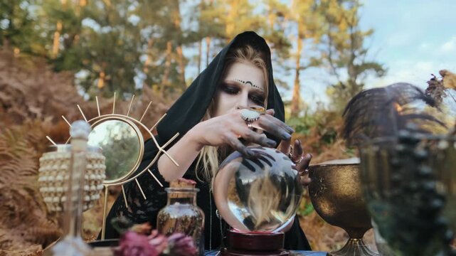 Focused fortune teller wearing black hooded cloak and dark makeup hovers hands above reflective crystal ball amid woodland ritual props, creating moody spiritual atmosphere under warm golden light