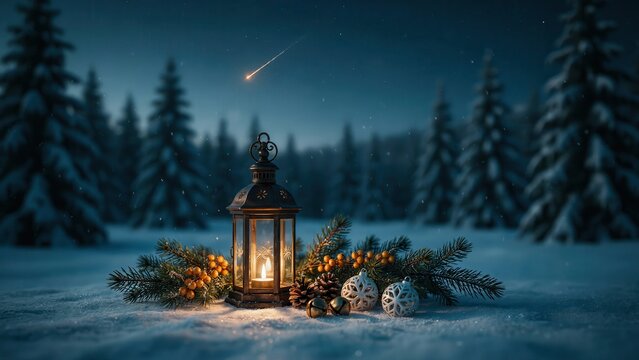 A glowing vintage lantern sits on snow surrounded by festive pine branches and decorative ornaments