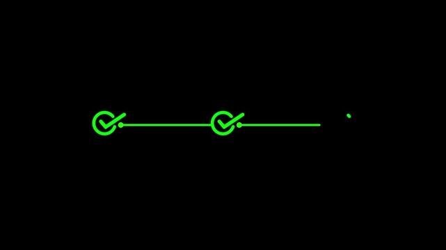 Green check mark inside a circle connected to a horizontal line and a semi circle on a black background for digital progress indicators