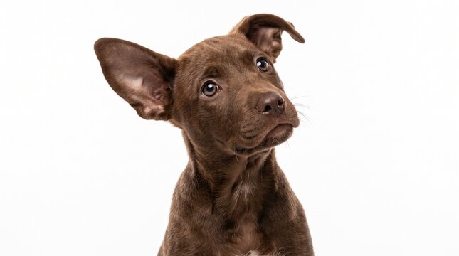A cute brown puppy with large ears looking to the side isolated on a white background