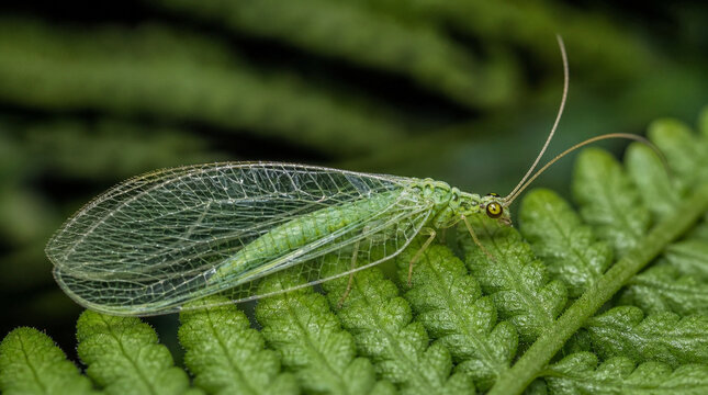 Delicate Green Lacewing Resting on Fern Leaf
