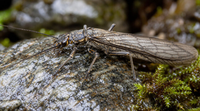 Stonefly Insect Resting on Wet Mossy Rock