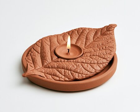 Leaf-shaped candle holder with a lit candle inside, resembling a leaf.