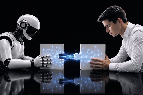 Human and humanoid robot connecting puzzle pieces with a digital data link. AI collaboration concept with copy space for technology, innovation and future business.