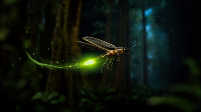 Magical firefly leaves glowing trail in dark forest.