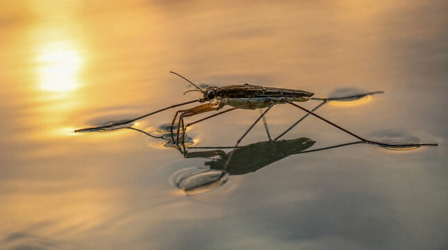 Water Strider Gliding on Golden Water Surface