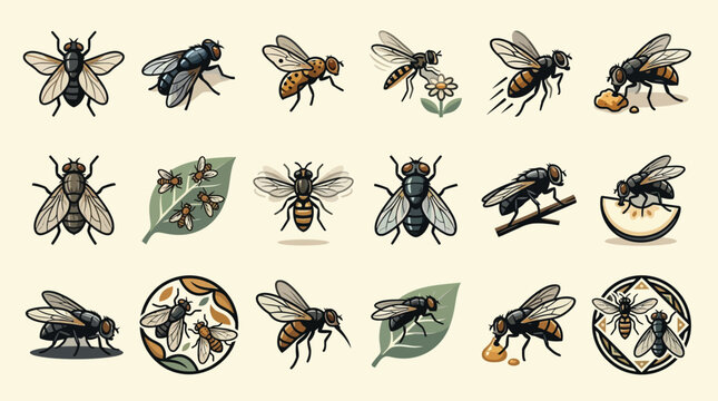 Artistic set of fly and insect icons with natural elements and decorative frames in a hand drawn vector style