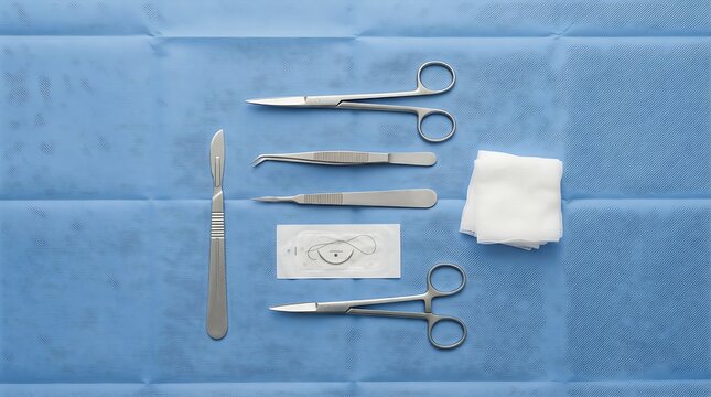 Sterile surgical instruments and medical tools organized on a blue drape for World Patient Safety Day campaign representing safe healthcare and professional surgery clinical flat lay