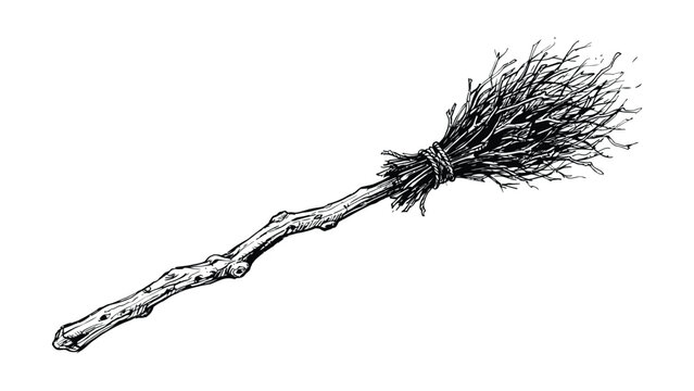 Old witch broomstick with twig handle