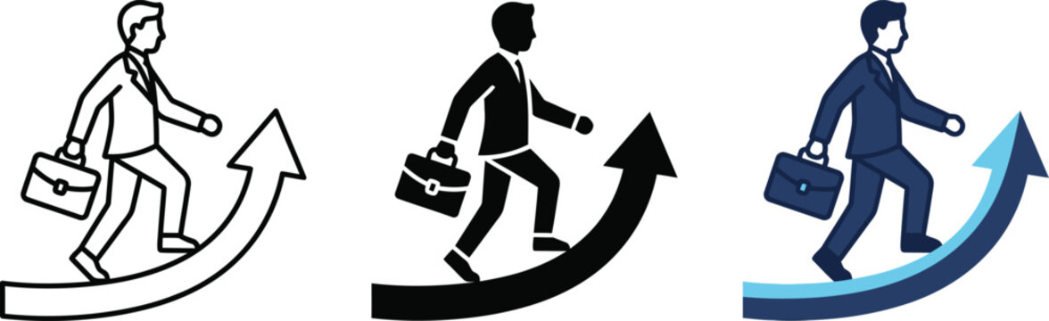 Businessman Walking Upward Arrow Vector Icon Set Business Growth Career Success Progress Development Concept