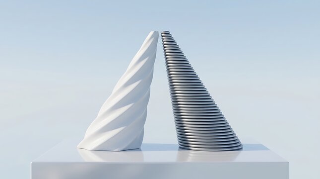 Two abstract sculptural forms on a pedestal. Minimalist 3D art objects against blue sky.