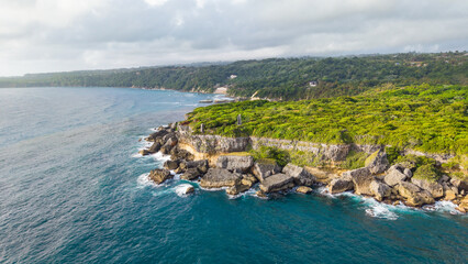 Aerial view of Cabo Frances Viejo, featuring lush green cliffs, dense vegetation, and turquoise waters meeting the Atlantic Ocean in Cabrera, Maria Trinidad Sanchez, Dominican Republic. © robert