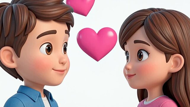 Animated characters of a boy and girl gaze at each other with floating pink hearts above, expressing affection in a bright, cheerful setting with a clean background