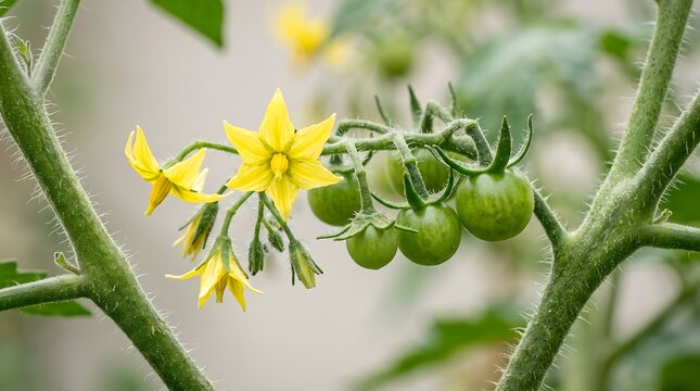 Yellow tomato flowers on a vine. Small green cherry tomatoes growing in a garden.