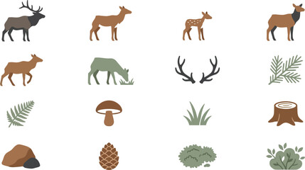 Fototapeta premium Collection of flat vector icons showing elk in different positions alongside woodland nature and forest elements