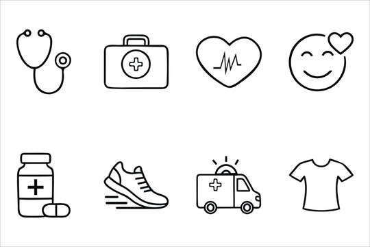 A collection of hand drawn medical and health care icons featuring a stethoscope ambulance heart pill bottle and running shoes