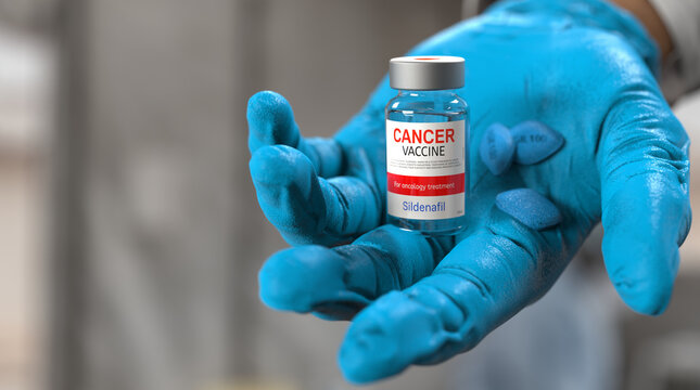 Medical worker holding a cancer vaccine and Sildenafil medication vial in a laboratory